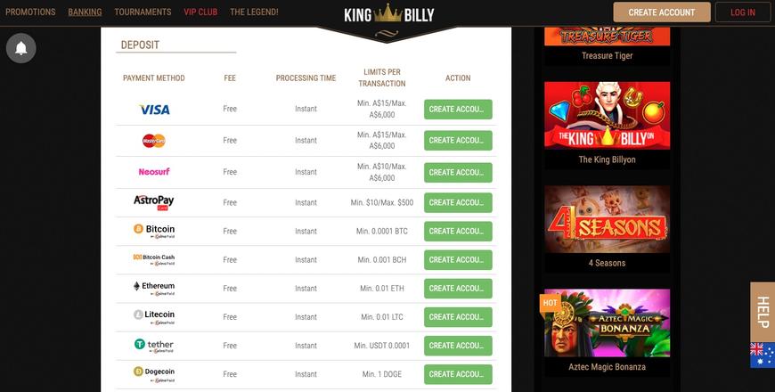 KingBilly Casino Payment Methods